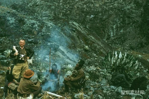 高清摄影 高山探险团队在篝火旁休息