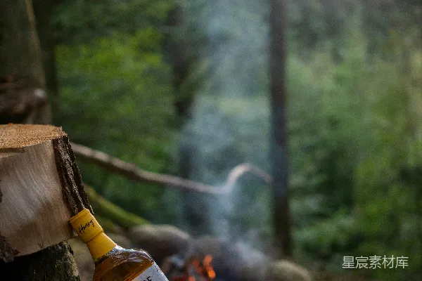 高清摄影 森林中的篝火与Tullamore Dew蜂蜜威士忌