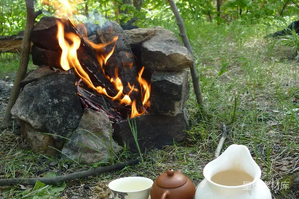 高清摄影 森林里的篝火与茶