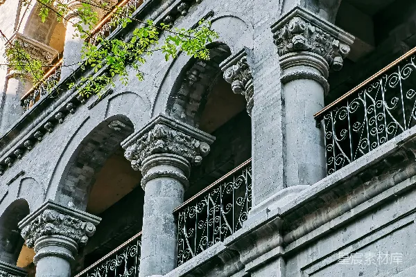 高清摄影 古建筑的柱子与绿植