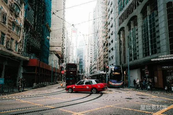 高清摄影 香港街头的双层巴士与红色出租车
