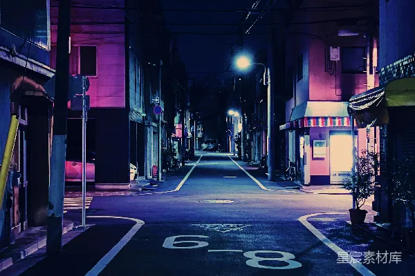 高清摄影 夜晚霓虹下的静谧街道