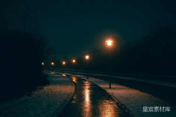 高清摄影 冬夜路灯下的寂静小路