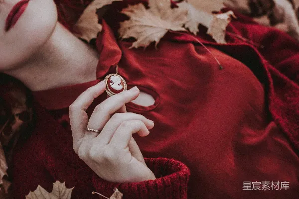 高清摄影 红色华服中的复古项链