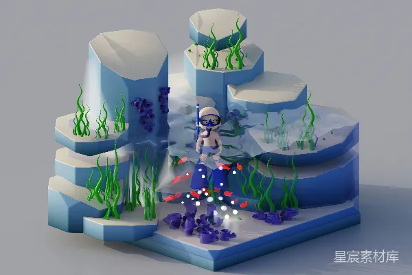 高清摄影 水下探险：低多边形风格的3D插图
