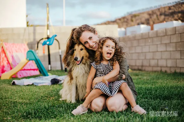 高清摄影 家庭时光：母女与爱犬的户外欢乐时光
