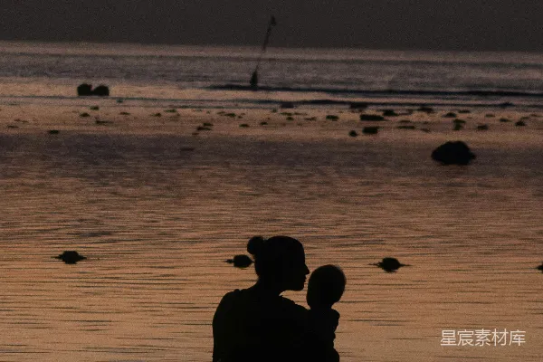 高清摄影 夕阳下的母子剪影