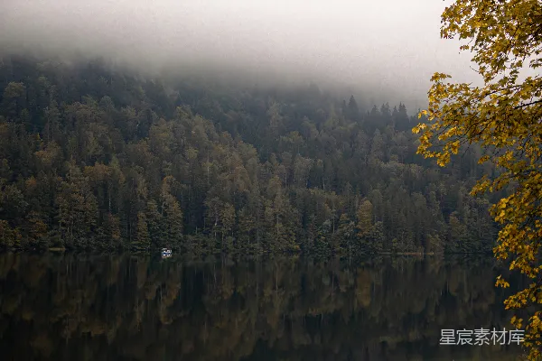 高清摄影 秋雾中的宁静湖景