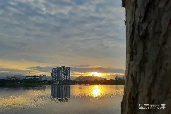 高清摄影 湖畔日落：城市与自然的和谐