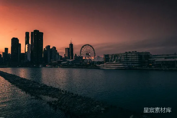 高清摄影 黄昏下的摩天轮与城市天际线