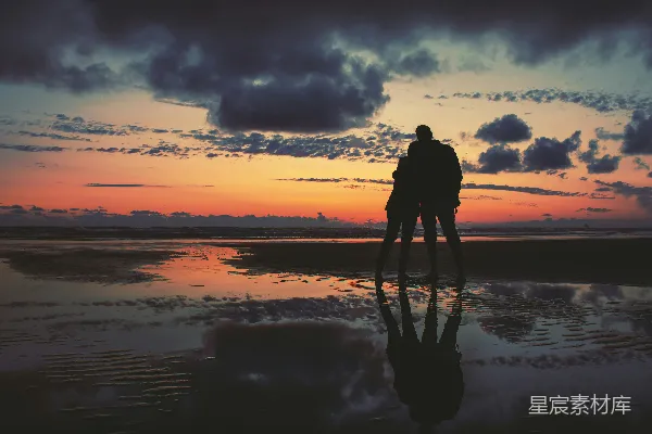 高清摄影 夕阳下的剪影：浪漫的海滩情侣