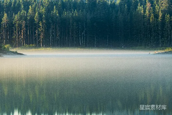 高清摄影 晨雾中的静谧湖面