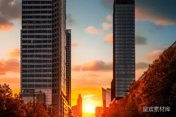 高清摄影 夕阳下的都市天际线