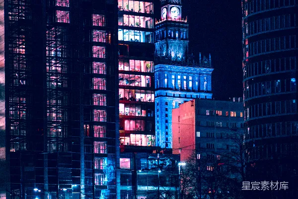 高清摄影 都市夜景：霓虹建筑下的现代城市