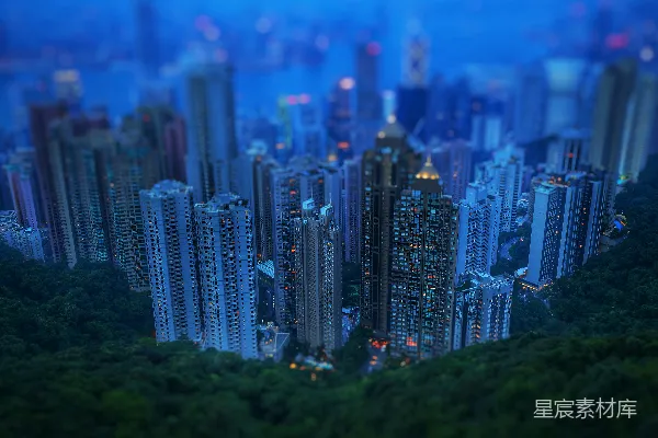 高清摄影 城市微缩景观：蓝色调下的高楼大厦
