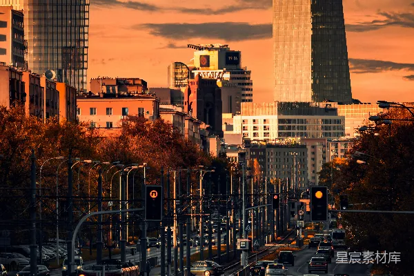 高清摄影 夕阳下的城市天际线