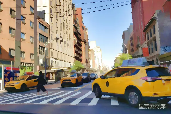 高清摄影 城市街景中的黄色出租车