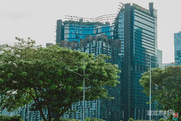 高清摄影 现代都市的绿意与高楼