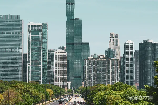 高清摄影 都市绿洲：芝加哥天际线与公园景色