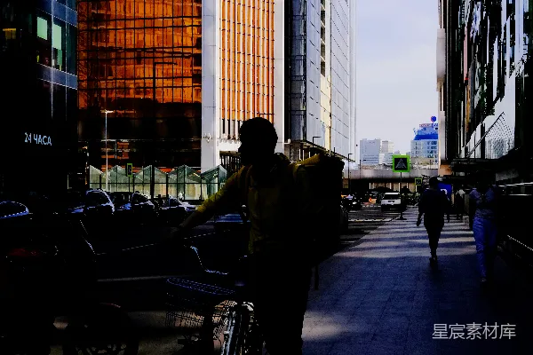 高清摄影 城市的黄昏：自行车与高楼的剪影