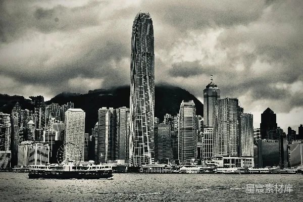 高清摄影 香港维多利亚港黑白城市天际线