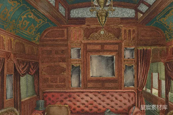 高清摄影 复古火车车厢内部插画