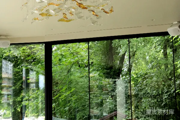 高清摄影 现代餐厅内的艺术吊灯与自然景观