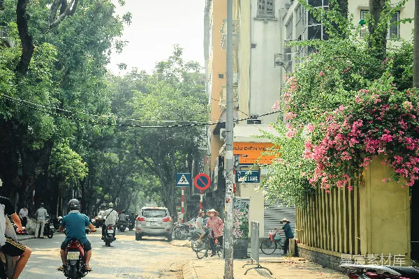 高清摄影 马车和行人行走在树影婆娑的小街道上。