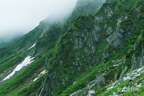 高清摄影 山脚下是一片绿草环绕的山坡，山坡上长满了郁郁葱葱的树木。