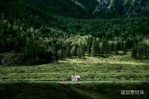 高清摄影 一幢小屋位于一片草地上，背景是树木。