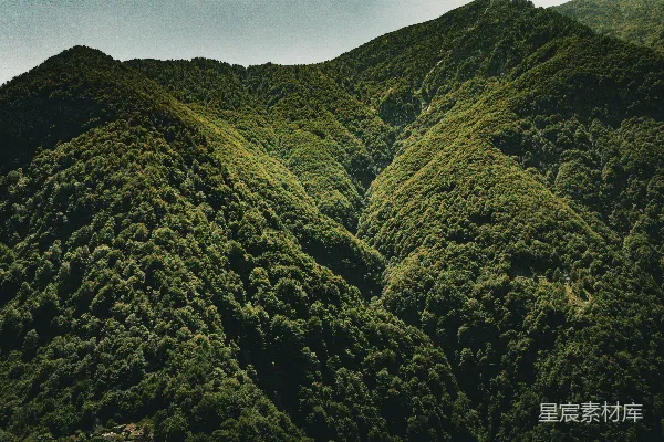 高清摄影 山顶有一片绿树环绕的山峰