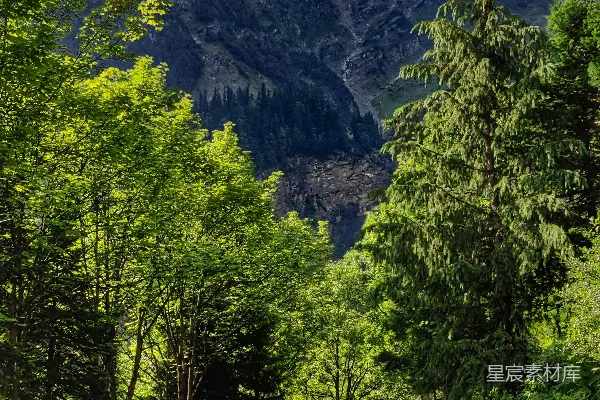 高清摄影 山下绿树环绕，蓝天白云间白天景色