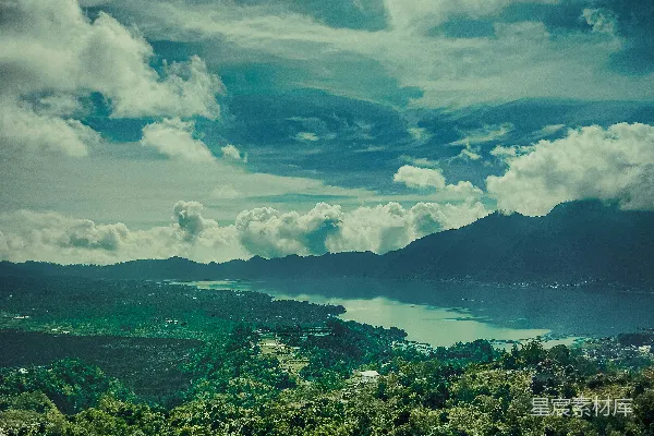 高清摄影 远处有一片树木和一片水域的风景。