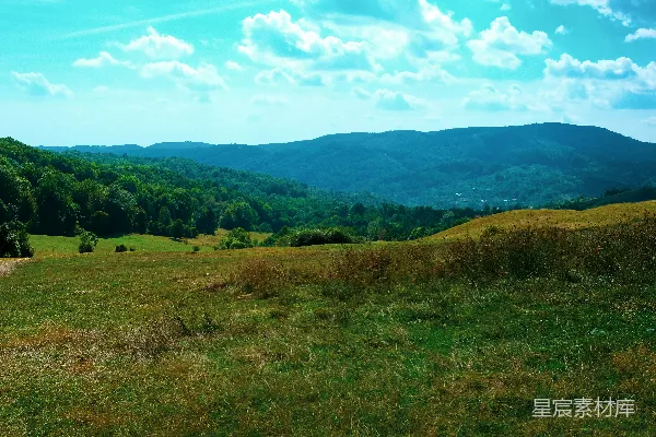 高清摄影 背景是山丘的草地上有一片草地。