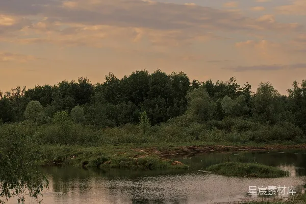 高清摄影 傍晚翠绿的 landscapes 中流淌着一条宁静的小河。