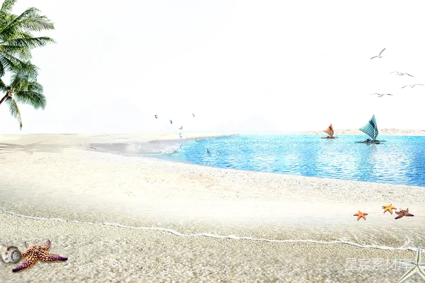元素素材 海滩上的海星与帆船