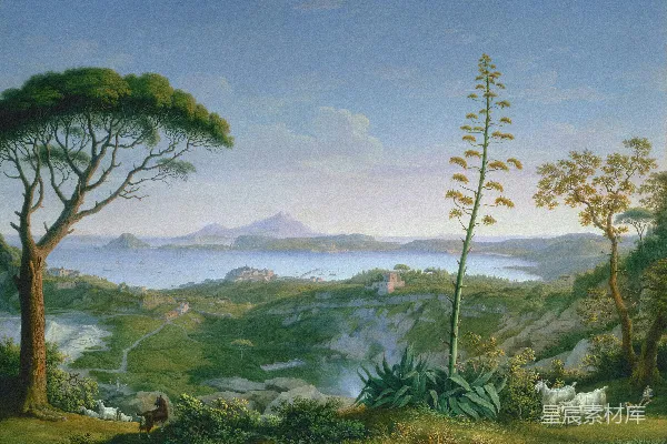 高清摄影 一幅描绘风景的画作，其中有动物和树木