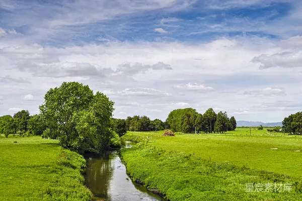 高清摄影 一条河流穿过一片翠绿的田野