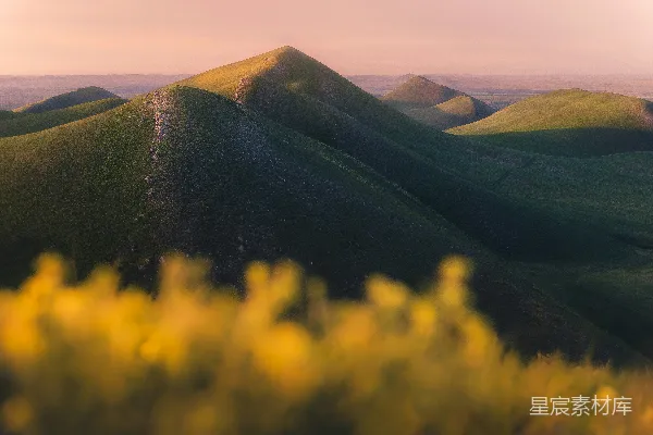 高清摄影 前景中有黄色花朵的草地山坡的一处景色